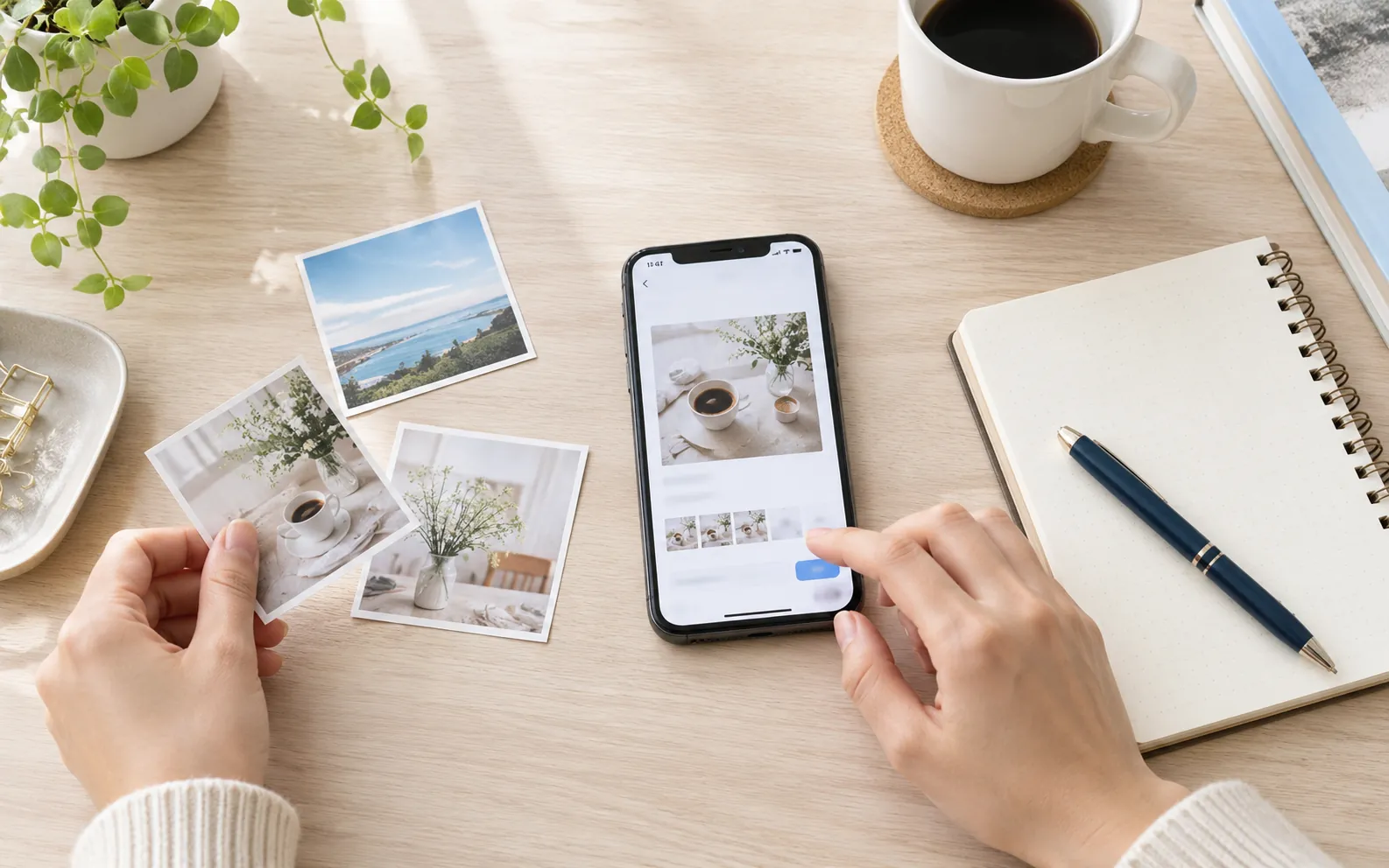 スマートフォンと写真を使ってSNS投稿を準備するイメージ